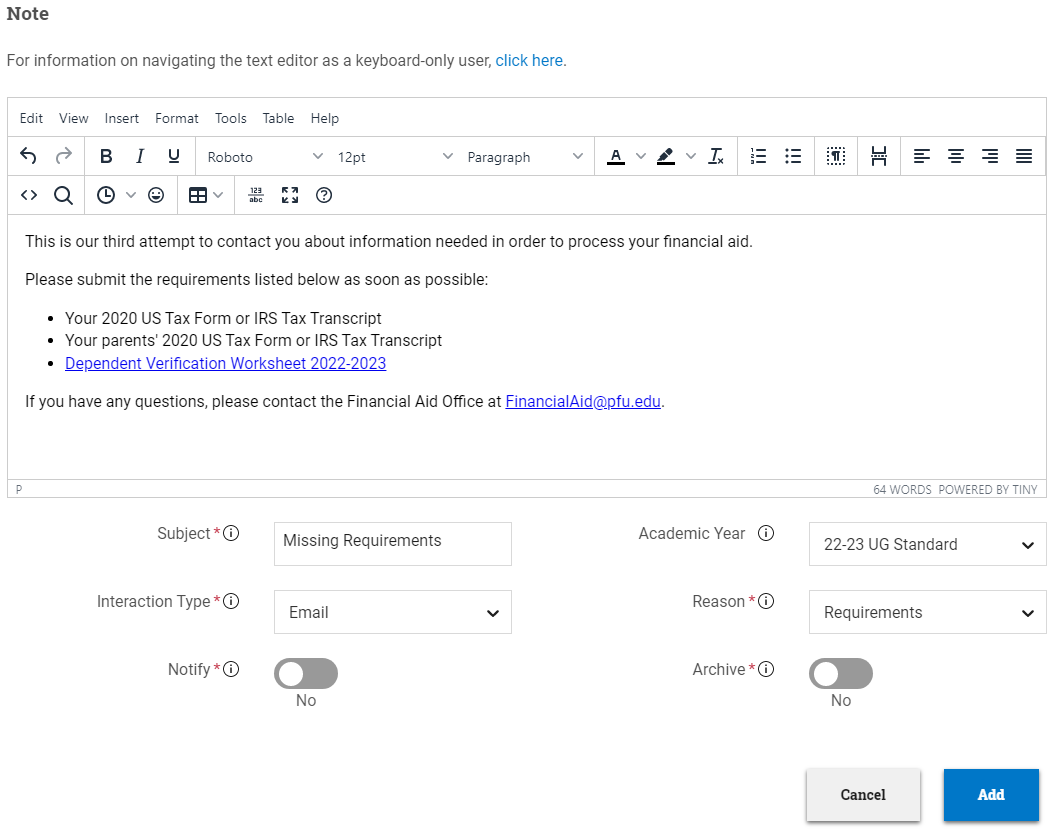 Note window with details for a requirements reminder communication