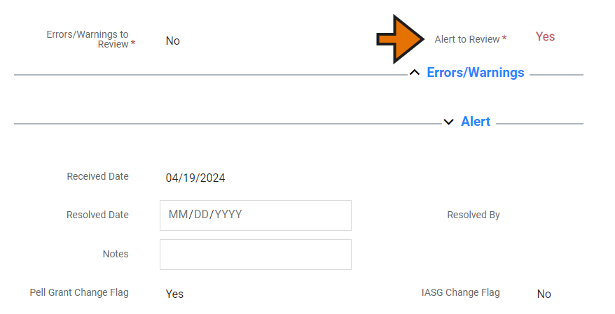 Alert field is set to Yes and alert screen is expanded