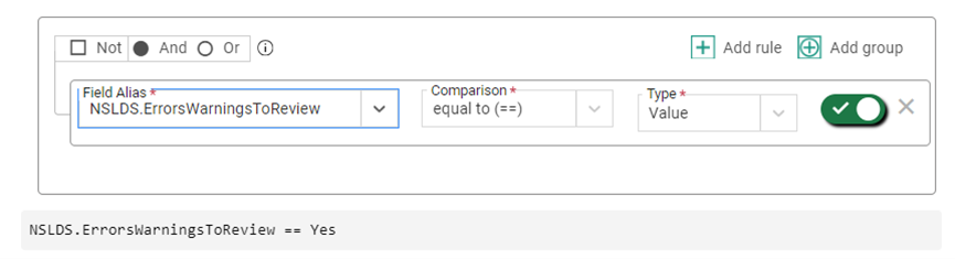 Searching for errors/warnings using a selection set