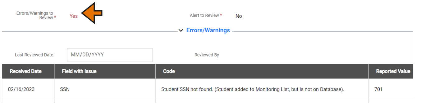 A view of the errors/warnings section when the field is set to yes.