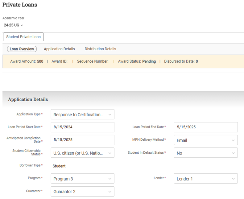 Private Loan page Application Details section