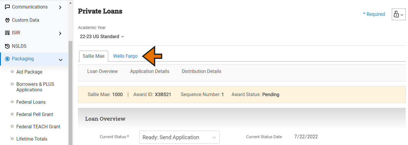 Private Loans page in the student record with an arrow highlighting tabs for each of two loans