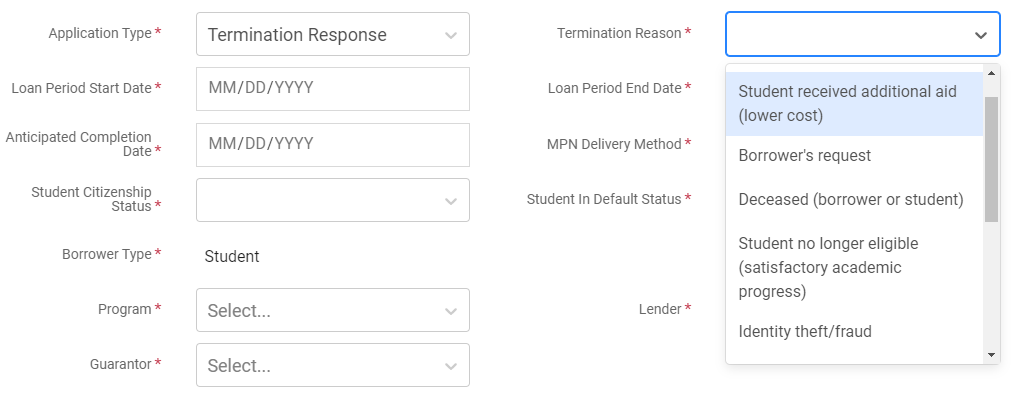 Application Type field with termination response selected