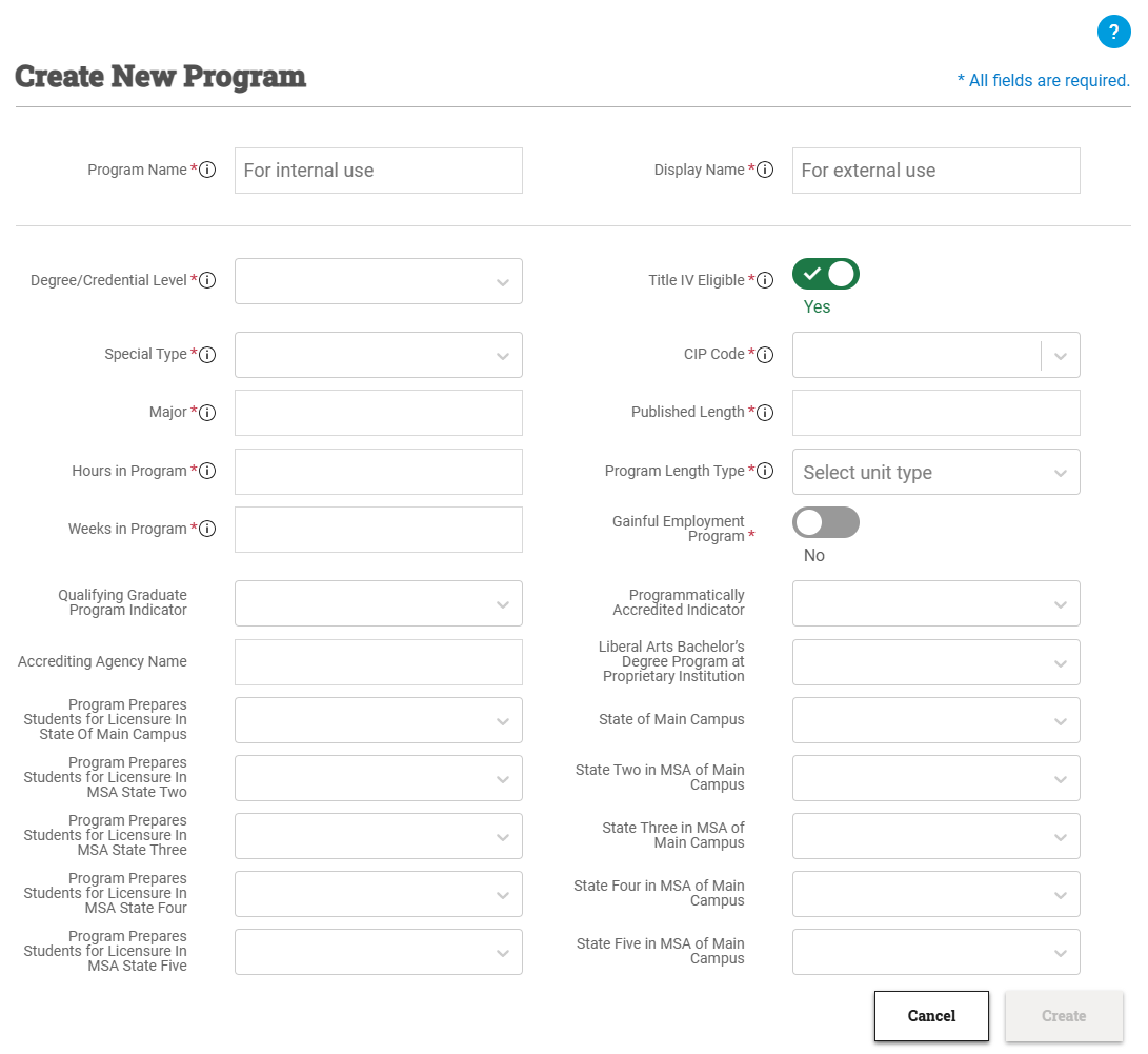 The Create New Program window in PowerFAIDS