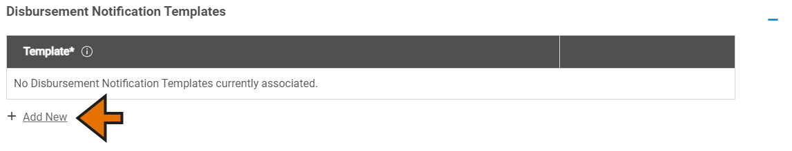 Disbursement Notification Templates table. The Add New option is highlighted to add a new row to the table.