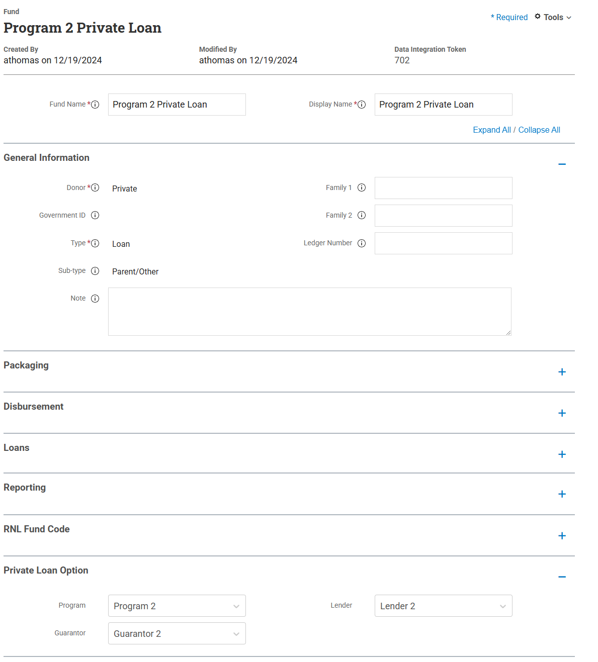 Fund page in System Administration