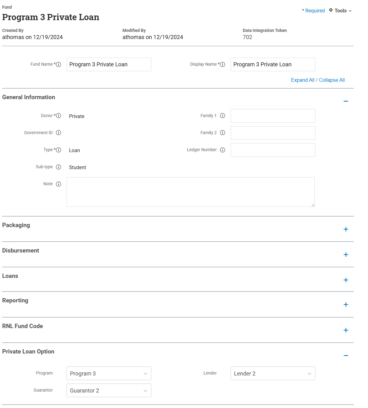 Fund page in System Administration