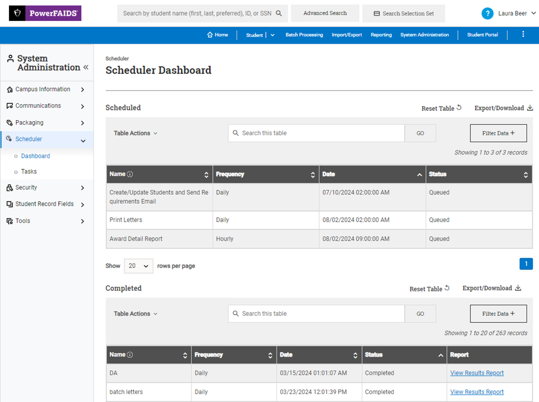 Scheduler dashboard in the PowerFAIDS System Administration module