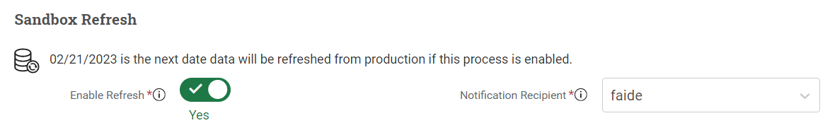 Sandbox Refresh section of the School Profile page with the Enable Refresh toggle set to Yes.