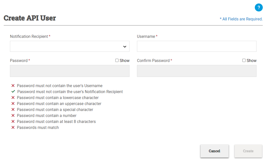 Create API User window with password requirements listed