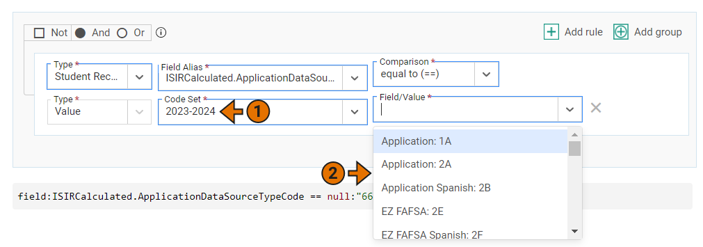 Rule in a custom process function with ISIRCalculated.ApplicationDataSource chosen as the field alias and the 2023-2024 year selected for the Code Set.