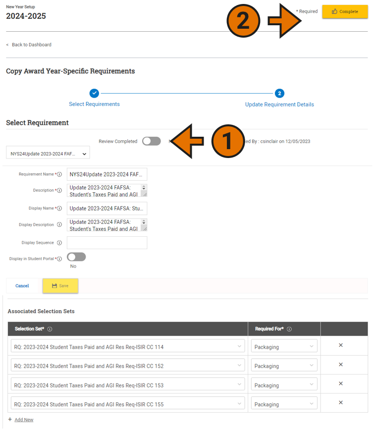 NYS Award Year-Specific Requirements page