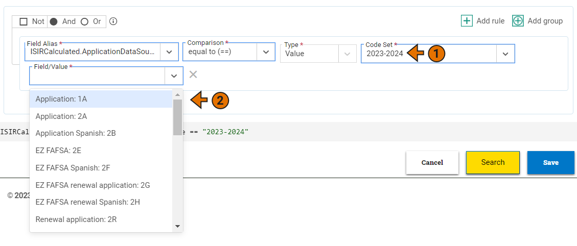 Rule in a selection set with ISIRCalculated.ApplicationDataSource chosen as the field alias and the 2023-2024 year selected for the Code Set.