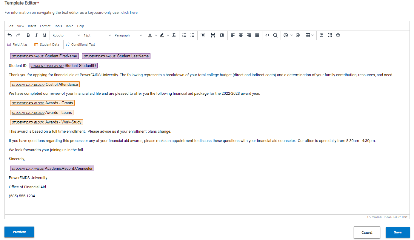 The template editor with a populated example of Financial Aid offer letter template example.