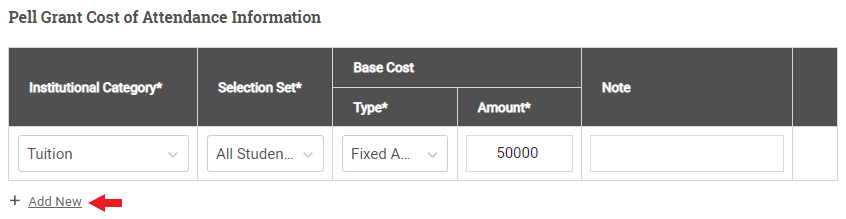 Add New link in the Pell Grant Cost of Attendance section