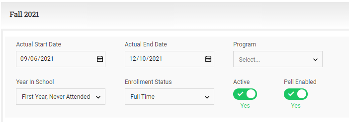 Payment period for Fall 2021 with the enrollment details filled in