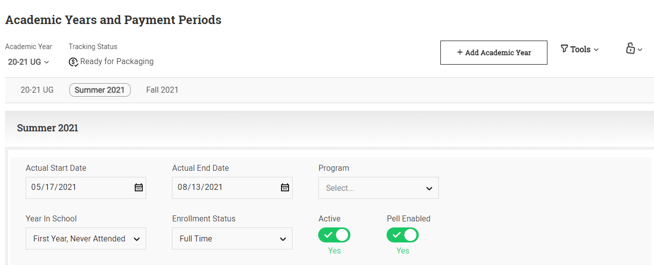 Academic Years and Payment Periods page