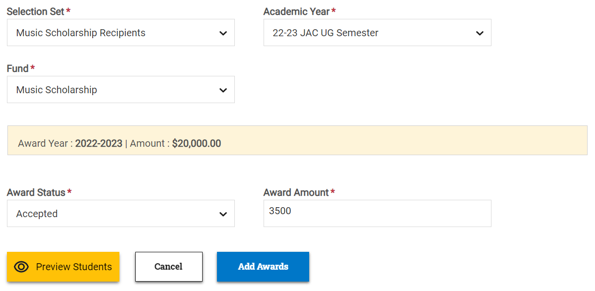 Add Awards page populated to award students in the Music Scholarship selection set for the 22-23  academic year to receive a music scholarship