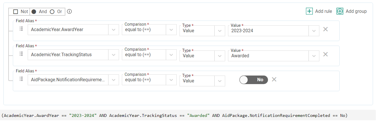 Selection set with three rules specifying award year, tracking status, and whether the notification requirement is completed