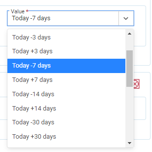 Value list expanded to show options available when the relative date Type has been selected