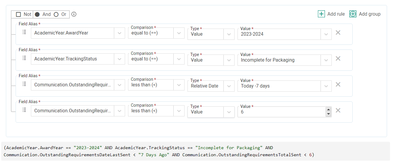 Selection set with four rules specifying award year, tracking status, date of last outstanding requirement communication, and total outstanding requirement communication set