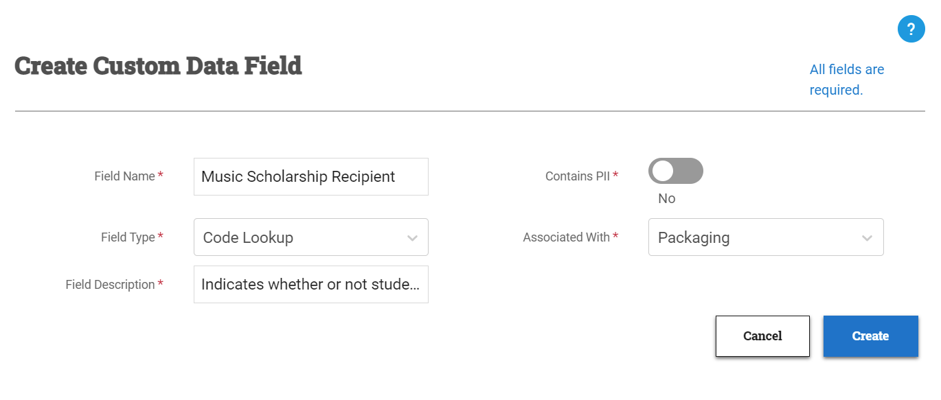 Create custom data field window with field name of Music Scholarship Recipient and field type of code lookup