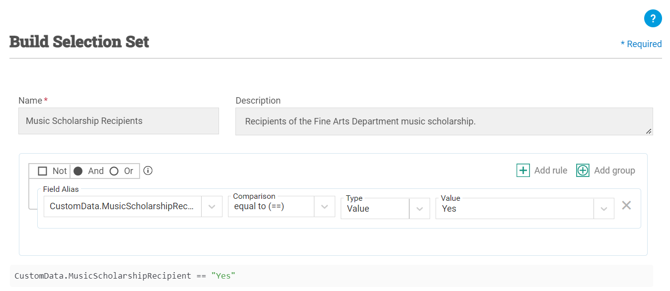 Selection set titled Music Scholarship Recipients with one rule stating music scholarship recipient field is equal to Yes