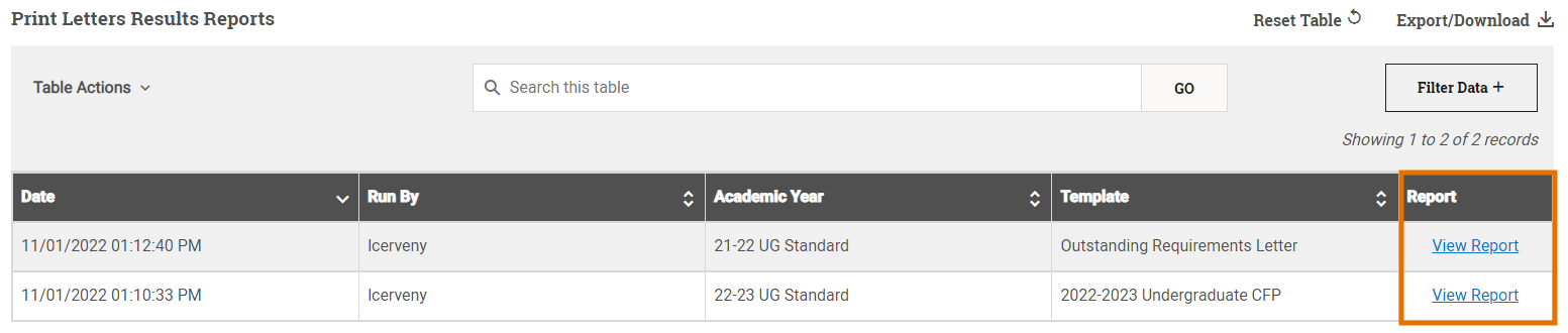 Results reports table is shown with the rightmost column containing the View Report links highlighted