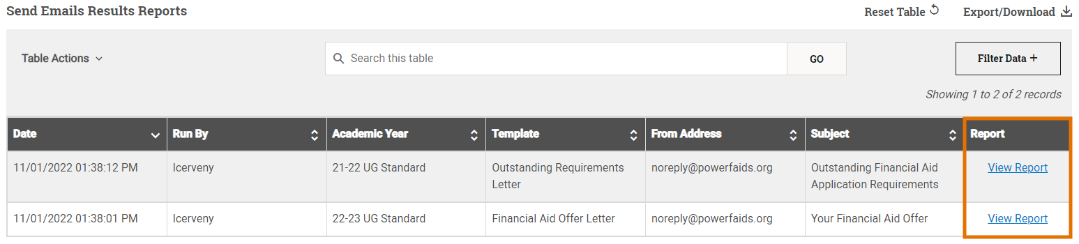 Results reports table is shown with the rightmost column containing the View Report links highlighted