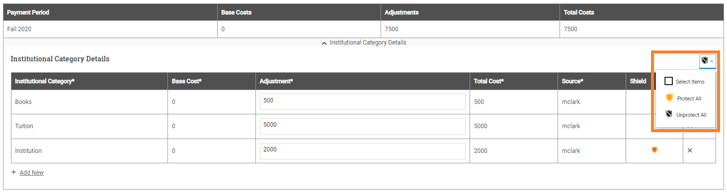 Institutional Cost of Attendance section with the details expanded and the Shield menu open