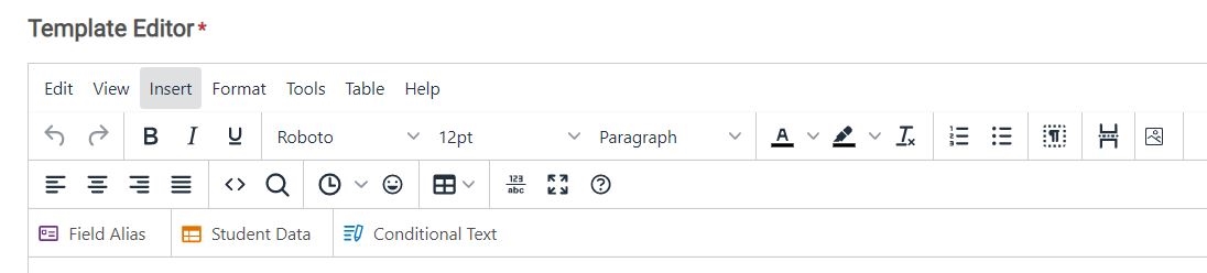 Text formatting options in the communication template editor