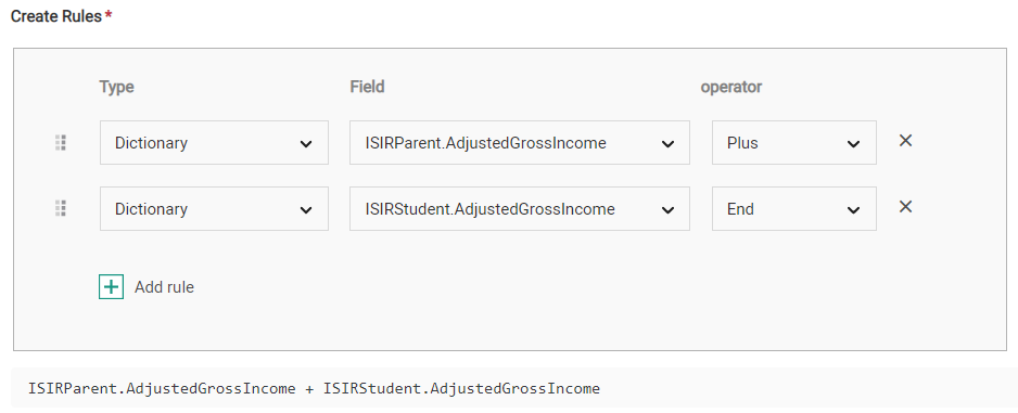 Calculation function rule to add student and parent income