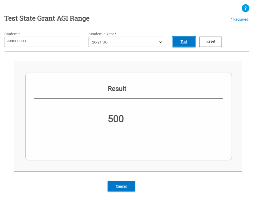 Test for a custom process titled State Grant AGI Range showing a result of 500