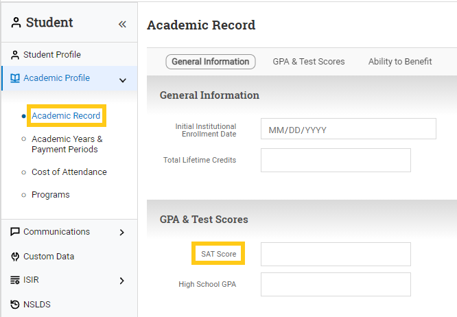 Academic Record page with the SAT Score field highlighted