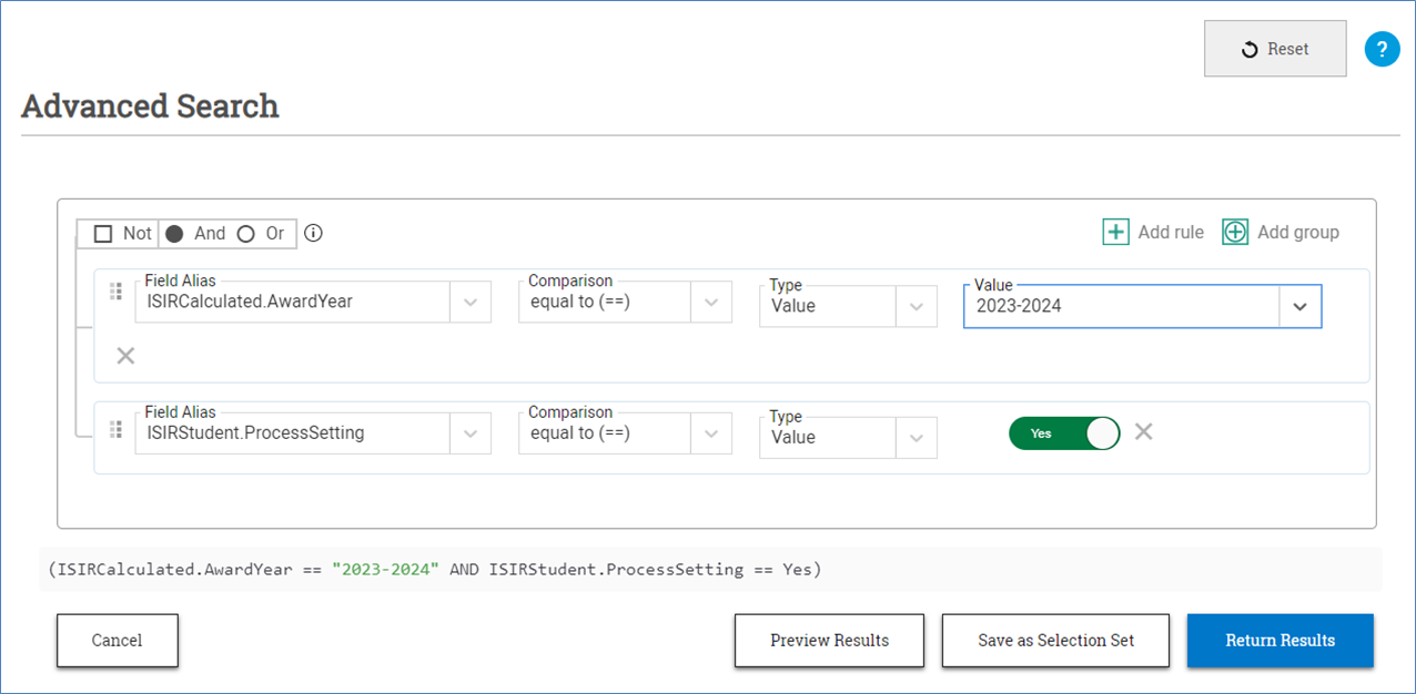 pop-up window search for identifying students with a disabled ISIR: ISIRCalculated.AwardYear=2023 and ISIRStudent.ProcessSetting=Yes