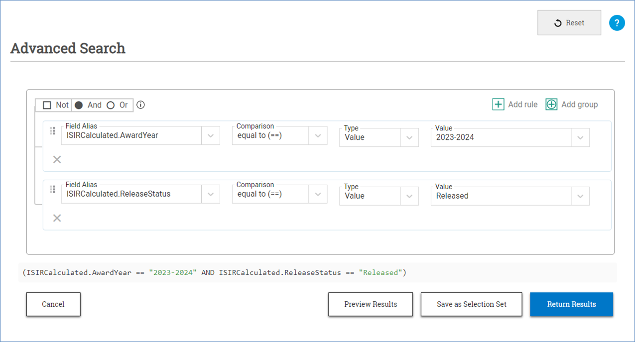 An example selection set with an associated award year: ISIRCalculated.AwardYear=2023-2024 and ISIRCalculated.ReleaseStatus=Released