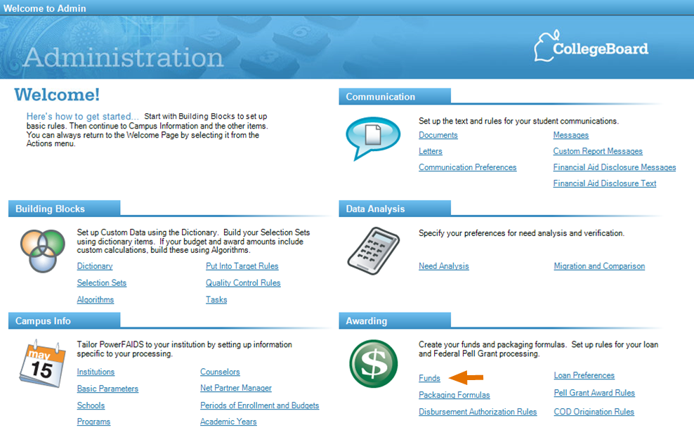 Welcome page of the Administration module in PowerFAIDS Desktop