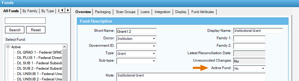 Funds window in PowerFAIDS Desktop