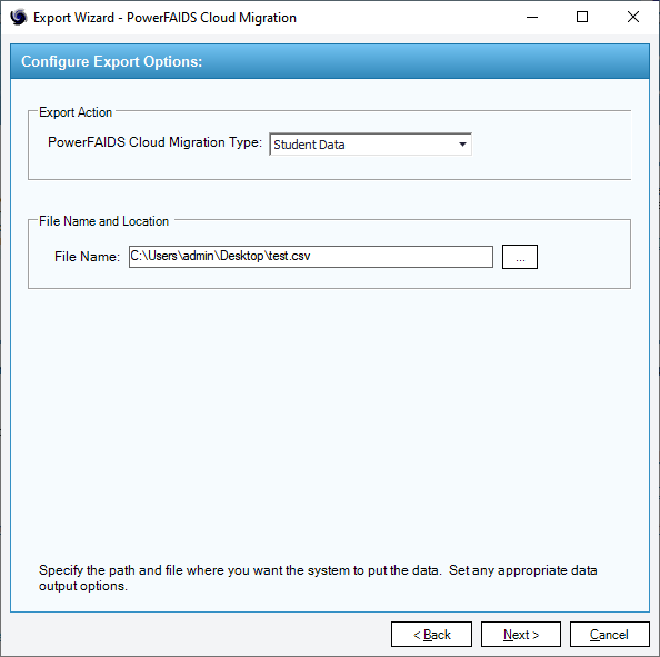 Page 2 of the Export Wizard modal window in PowerFAIDS Desktop