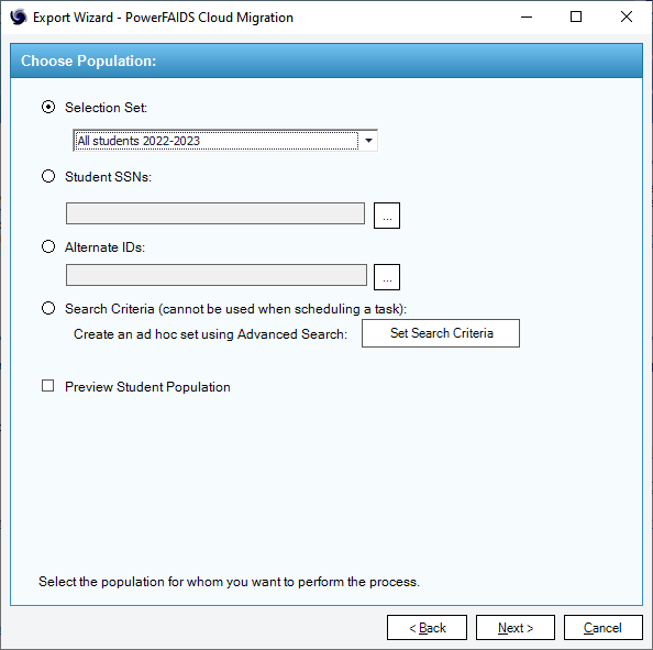 Page 2 of the Export Wizard modal window in PowerFAIDS Desktop