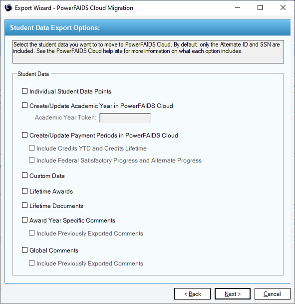 Page 3 of the Export Wizard modal window in PowerFAIDS Desktop