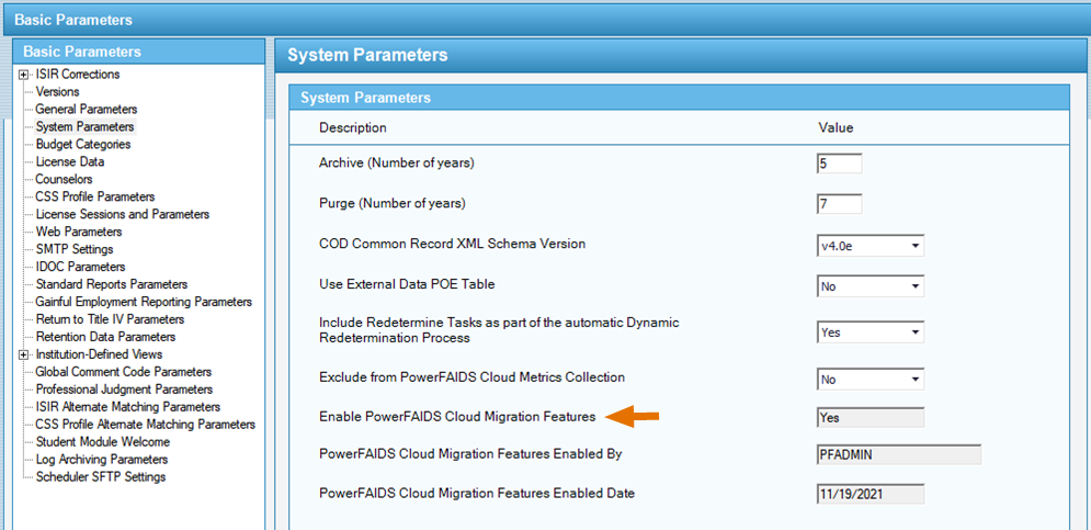 System Parameters window in PowerFAIDS Desktop