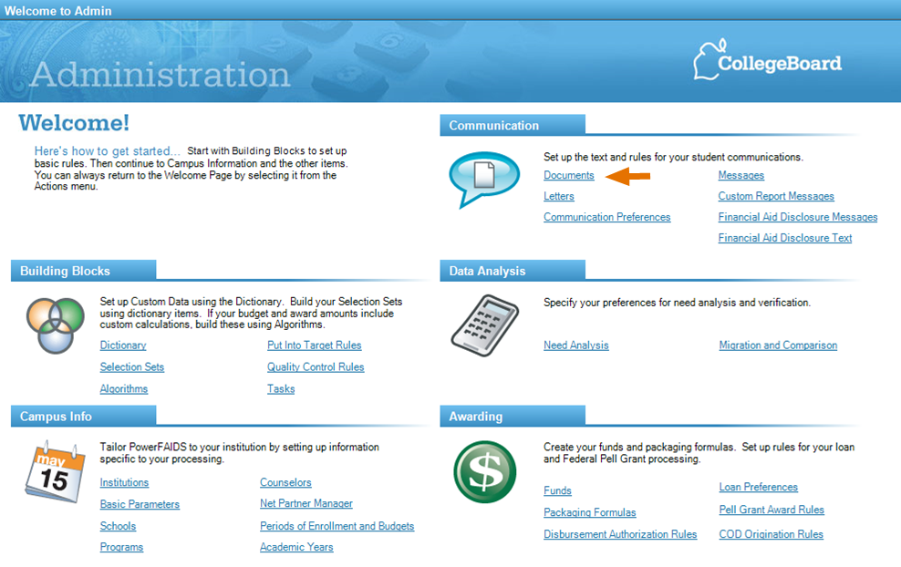 Welcome page of the Administration module in PowerFAIDS Desktop