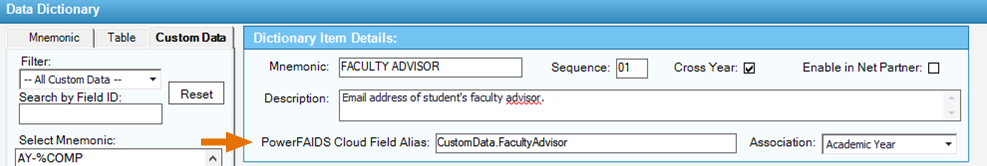 Data Dictionary window in PowerFAIDS Desktop