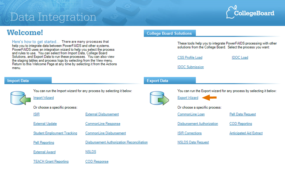 Welcome page of the Data Integration module in PowerFAIDS Desktop