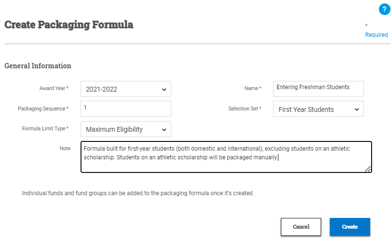 Create Packaging Formula window with general information filled in