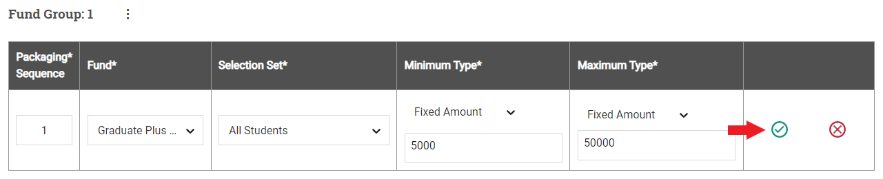 A fund group table is shown with a red arrow pointing out a green checkmark to save the fund to the fund group.