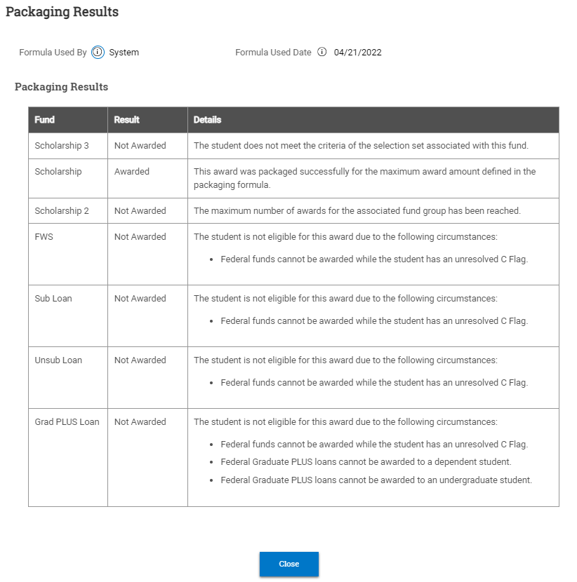 Packaging Results window