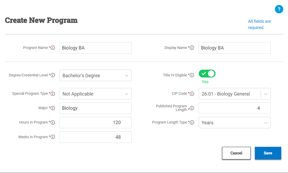 The Create New Program window is show with data filled in for a 4 year Biology Bachelor's degree.