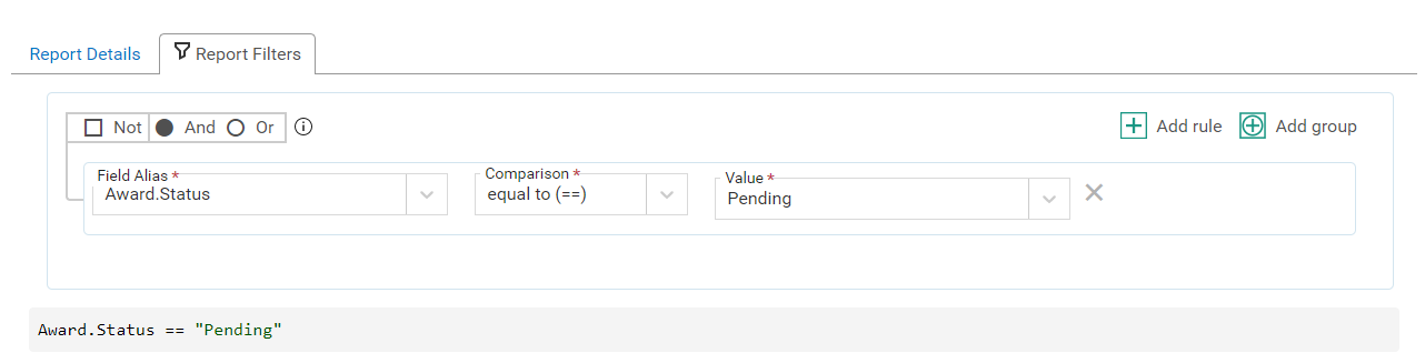 Report filter tab of the Custom Reports page with one rule.